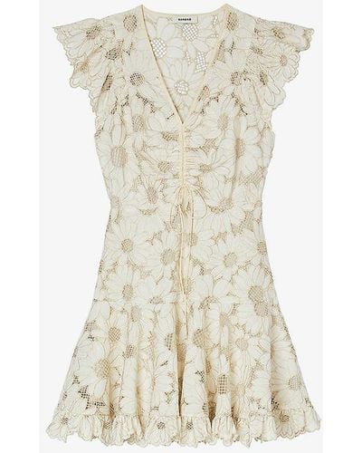 Sandro Floral-lace Ruffle-trim Woven Mini Dress - White
