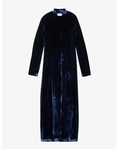 LeKasha Round-neck Relaxed-fit Velour Silk-blend Coat - Blue
