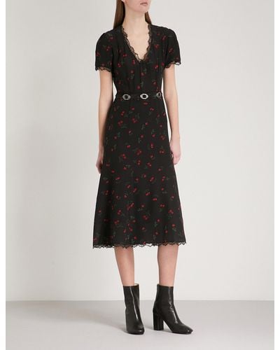 The Kooples Cherry-print Silk And Lace Dress - Black