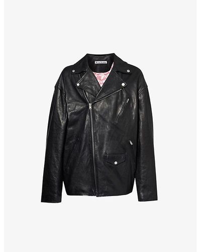 Acne Studios Biker Brand-embossed Boxy-fit Leather Jacket - Black