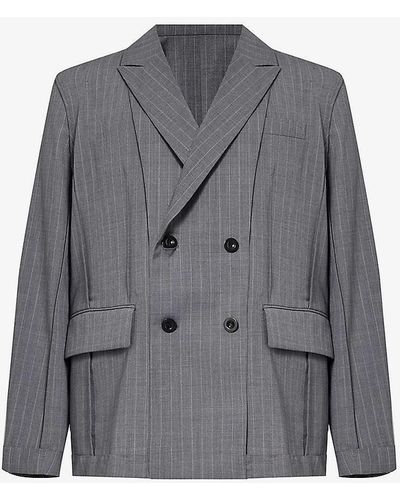 Sacai Chalk Stripe-pattern Double-breasted Woven Jacket - Grey