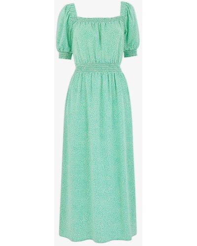 Whistles Checked Puff-sleeved Woven Midi Dress - Green
