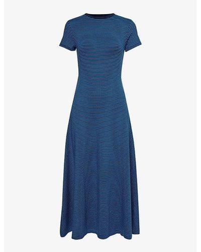 Polo Ralph Lauren Stripe-print Flared-hem Stretch-woven Blend Midi Dress - Blue