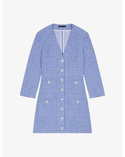 Maje Patch-pocket V-neck Tweed Mini Dress - Blue