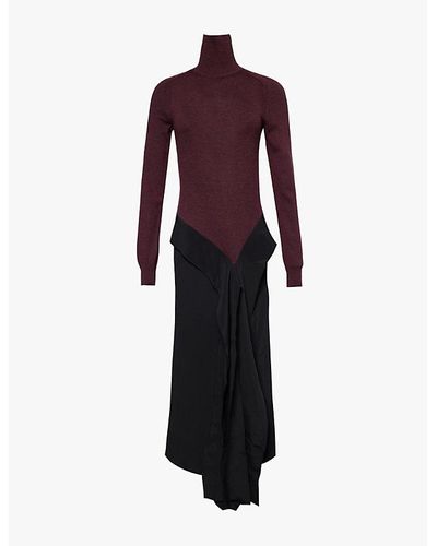 Victoria Beckham Long-sleeved Asymmetric-hem Wool-knit And Woven Crepe Maxi Dress - Purple