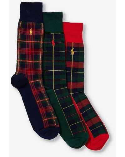 Polo Ralph Lauren Check-print Cotton-blend Knitted Socks Pack Of Three - Red