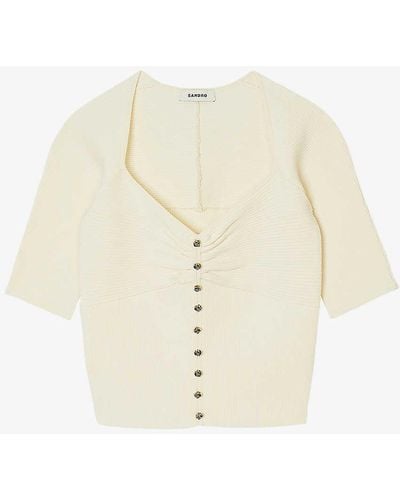 Sandro Sweetheart-neck Cropped Stretch-woven Cardigan - White