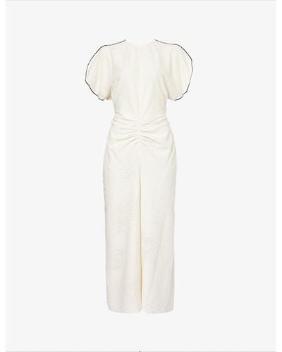 Victoria Beckham Floral-print Gathered Cotton-blend Midi Dress - White