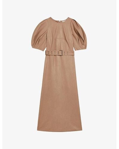 Ted Baker Palowma Puffed-sleeve Faux-leather Midi Dress - Natural