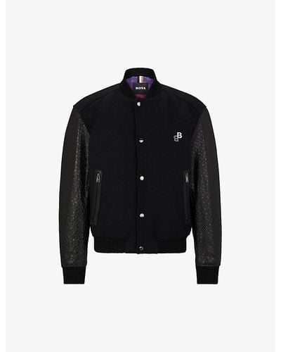 BOSS Monogram-emed Sleeves Virgin Wool-blend Jacket - Black