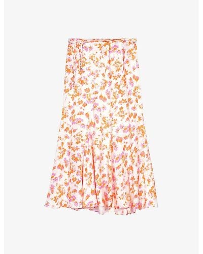 Maje Floral-pattern Chain-belt Satin Midi Skirt - Pink