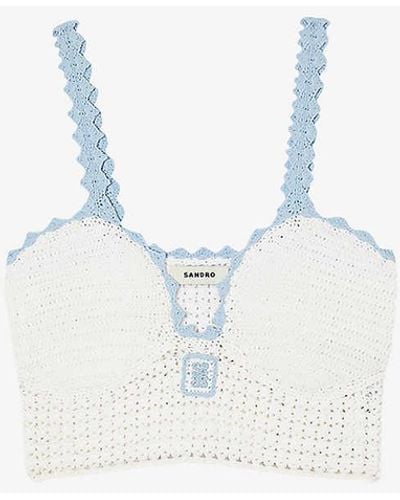 Sandro Logo-embroidered Scalloped-trim Crochet Knitted Top - Blue