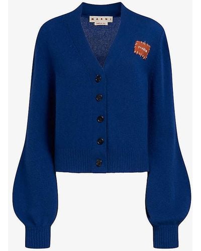 Marni Brand-patch Puffed-sleeve Cashmere Cardigan - Blue