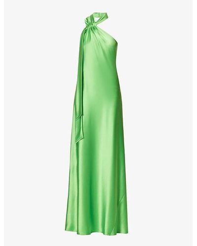 Galvan London Ushuaia Asymmetric-hem Satin Maxi Dress - Green