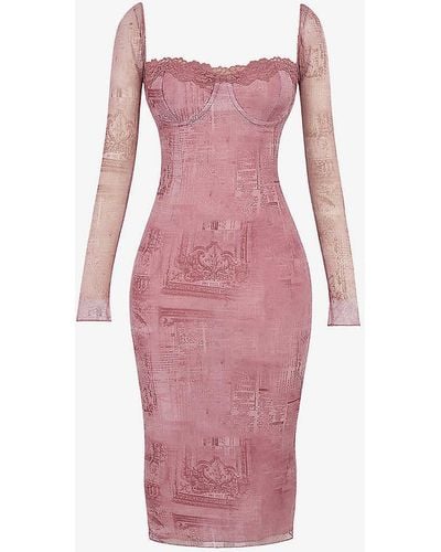 House Of Cb Seraphina Lace-trim Stretch-mesh Midi Dress - Pink