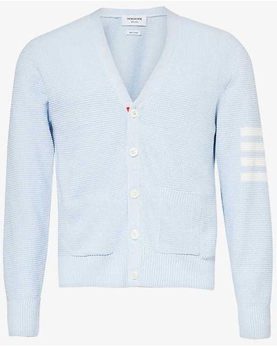 Thom Browne Brand-intarsia Linen And Cotton-blend Cardigan X - Blue