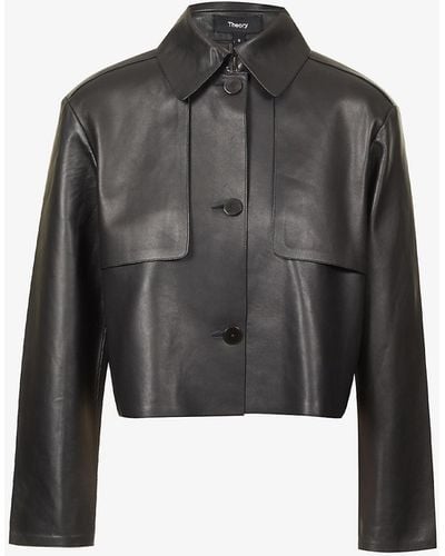 Theory Women's Black Leather Collar-detail Cropped-length Trench