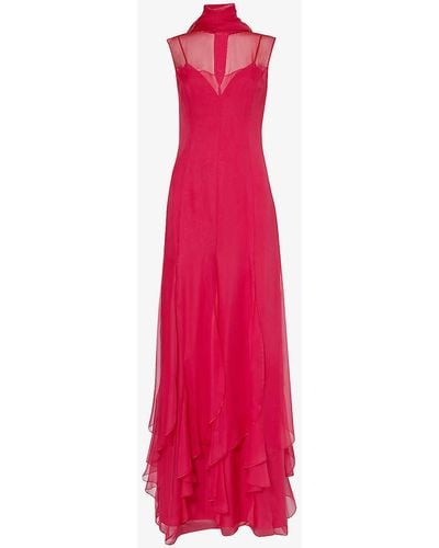 Alberta Ferretti Ruffled-panel V-neck Silk Maxi Dress - Pink