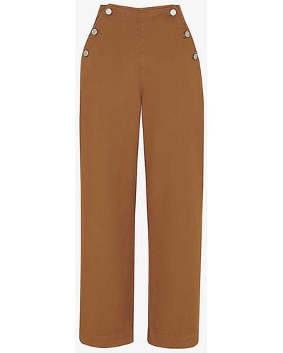 Whistles Emily Button-embellished Straight-leg High-rise Cotton Trousers - Brown