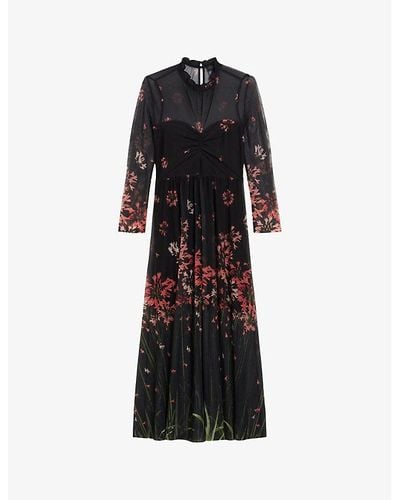 Ted Baker Susenaa Ruffle-neck Floral-print Stretch-mesh Midaxi Dress - Black
