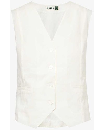 RIXO London Norah V-neck Cotton And Linen-blend Top - White