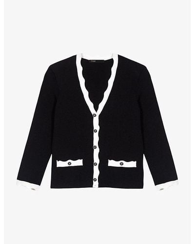 Maje Scalloped Clover-button Stretch-knit Cardigan - Black