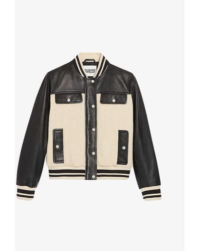 Claudie Pierlot Contrast Panelled Leather And Knit Bomber Jacket - Black