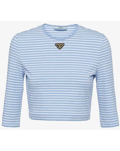 Prada Stripe-pattern Brand-plaque Cotton-jersey Top - Blue