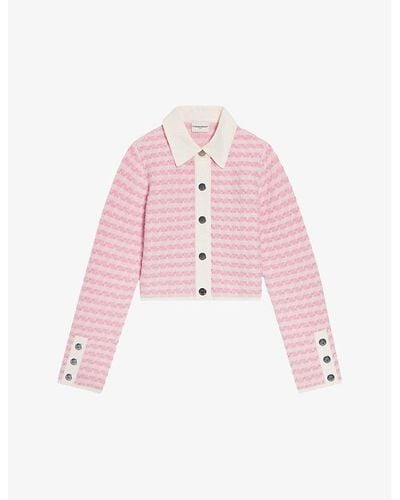 Claudie Pierlot Zig-zag-weave Contrast-trim Stretch-knit Cardigan - Pink