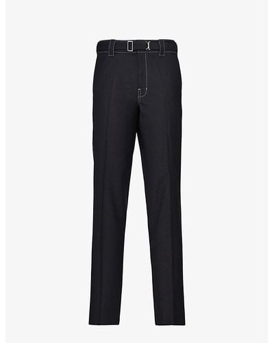 Prada Brand-plaque Drawstring-waistband Straight-leg Slim-fit Wool Trousers - Blue