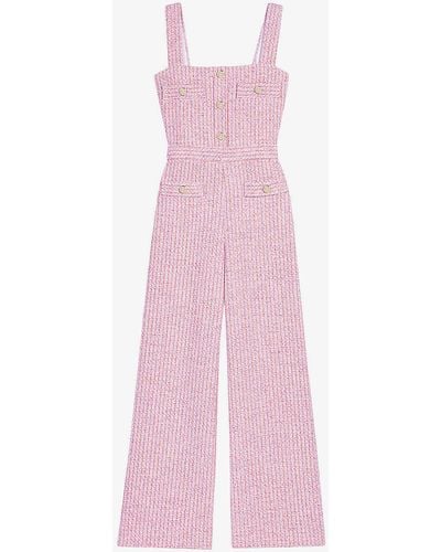 Maje Square-neck Button-embellished Tweed Dungarees - Pink