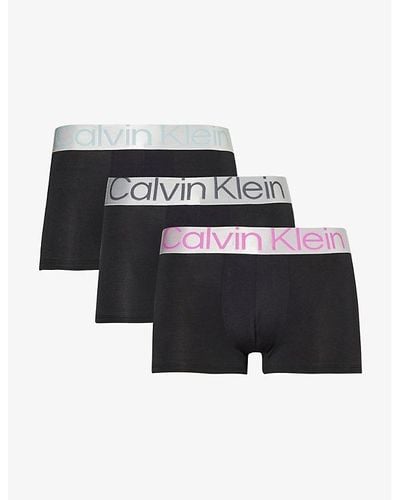 Calvin Klein Logo-waistband Low-rise Pack Of Three Stretch-recycled Polyester Trunk - Black