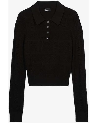 The Kooples Button-neck Slim-fit Knitted Polo - Black