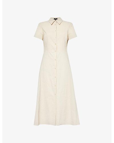 Theory Flared-hem Short-sleeved Linen-blend Midi Dress - Natural