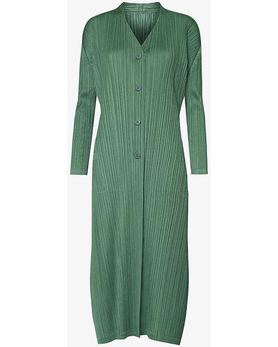 Pleats Please Issey Miyake December Pleated Slim-fit Knitted Coat - Green