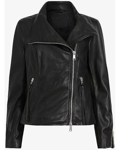 AllSaints Ellis Funnel-neck Leather Biker Jacket - Black