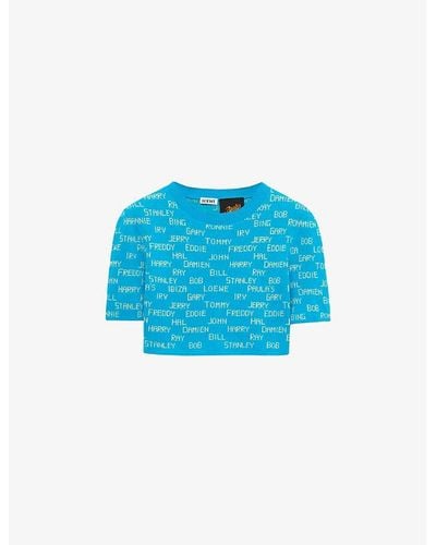 Loewe X Paula's Ibiza Name-intarsia Cropped Cotton Sweater - Blue
