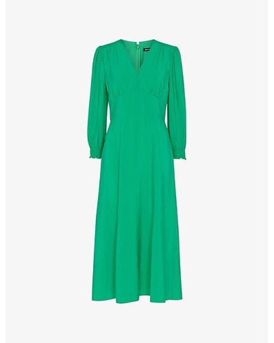 Whistles Sula V-neck Long-sleeve Woven Midi Dress - Green