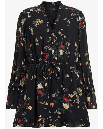 AllSaints Daria Kora Floral-print Ruffle-trim Woven Mini Dress - Black