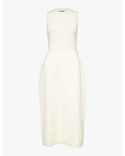 Jil Sander Ribbed-bodice Silk-blend Midi Dress - White