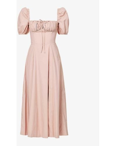 House Of Cb Tallulah Puffed-sleeve Cotton-blend Midi Dress - Pink
