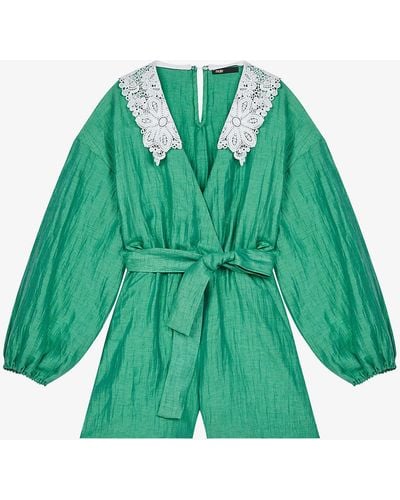 Maje Ifeuille Guipure-collar Linen-blend Playsuit - Green