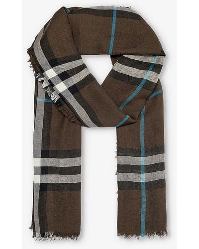 Burberry Checked Frayed-trim Wool Scarf - Green