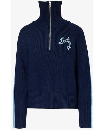 Bella Freud Lucky Text-embroidered Wool-blend Jumper - Blue