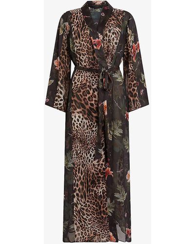 AllSaints Elsa Viviana Animal-print Long-length Woven Kimono - Brown