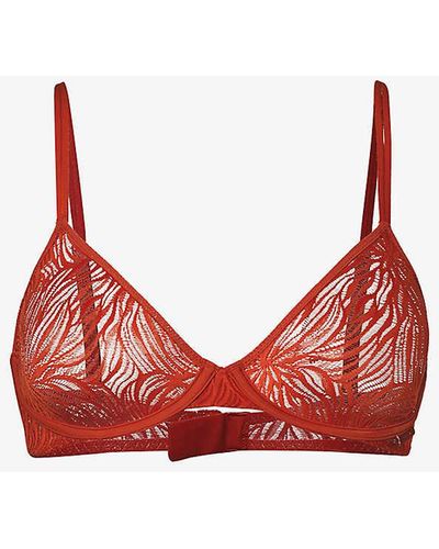 Calvin Klein Sheer Marquisette Floral-lace Stretch-woven Soft-cup Bra - Red