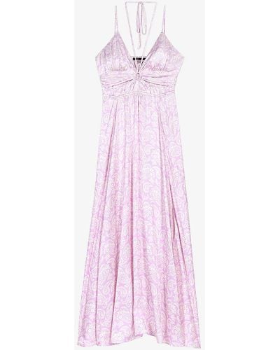 Maje Paisley-print Cut-out Satin Maxi Dress - Pink