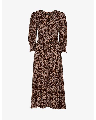Whistles Jungle-cheetah Print Shirred Woven Midi Dress - Brown