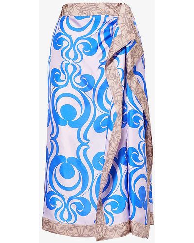 Dries Van Noten Abstract-pattern High-rise Silk Midi Skirt - Blue