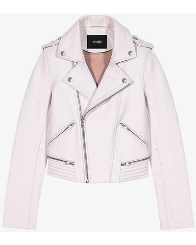 Maje Biker-collar Slim-fit Cropped Leather Jacket - Pink